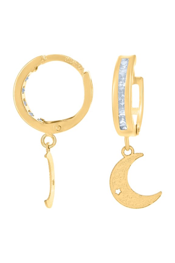 10K Yellow Gold Unisex Cubic-Zirconia Moon Dangle Hoop Earrings