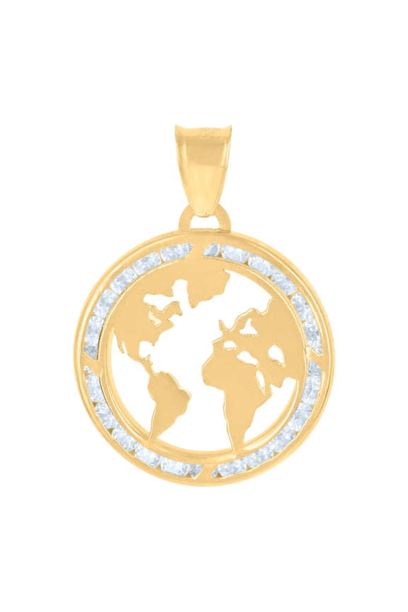 10K Yellow Gold Unisex Cubic-Zirconia World Map Charm Pendant