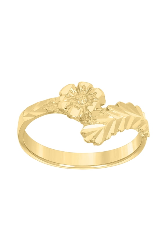 10K Yellow Gold Women's 10.5mm Diamond Cut Bypass Band Flower & Leaf Rose Ring