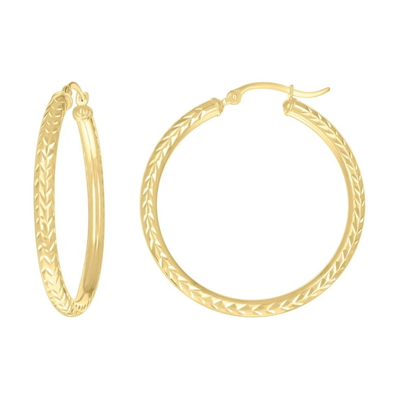 10K Yellow Gold Women's Diamond Cut Leaf Pattern Round Tube 3mm Hoop ...