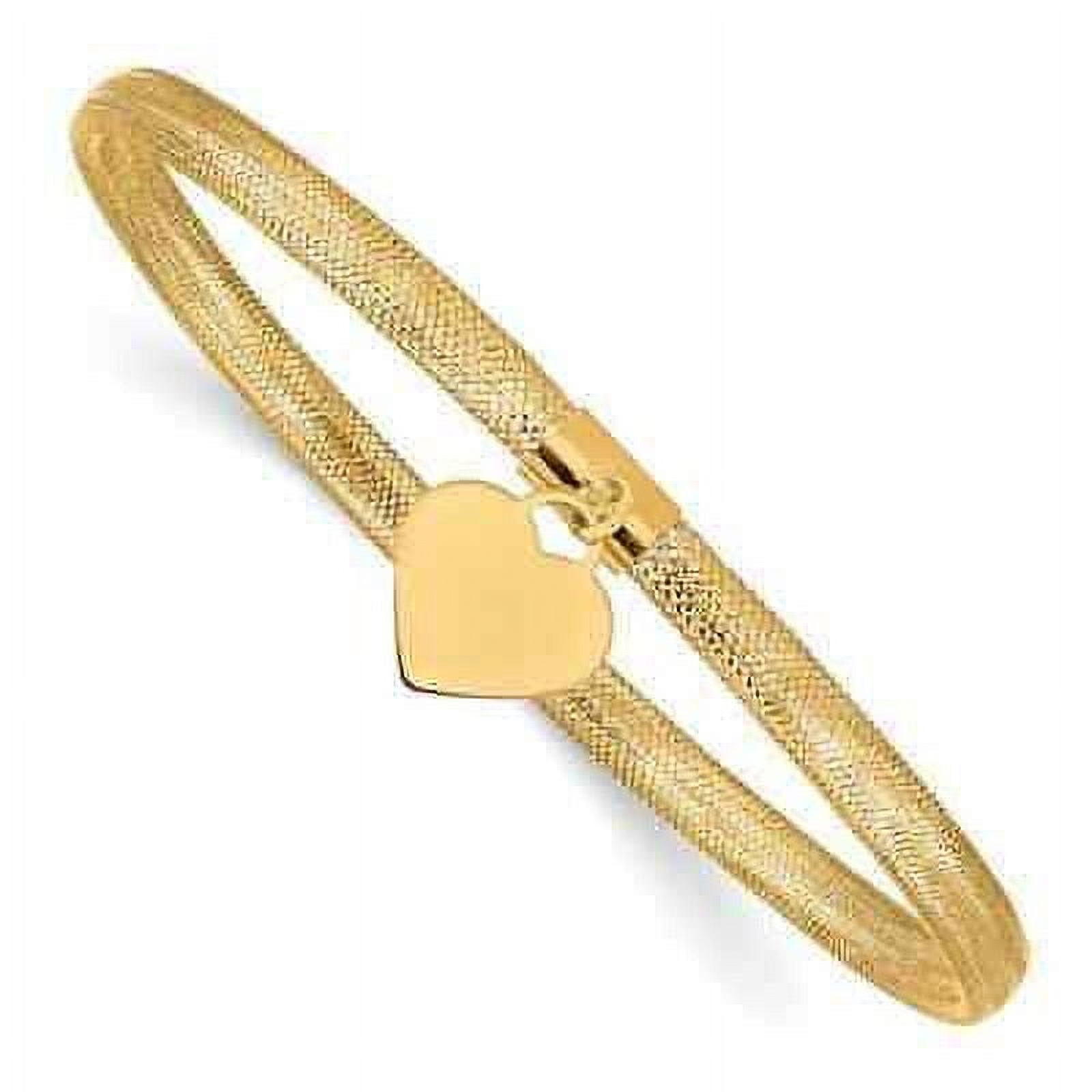 Real 10K Yellow Gold Women's Mesh Heart popular Pendant Charm Bangle Bracelet 4mm 7.5in