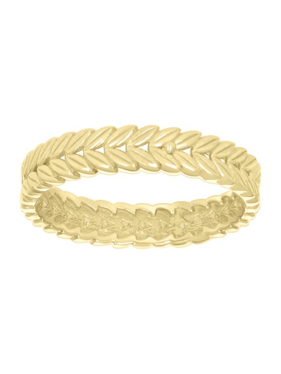 10K Yellow Gold Women's Polished 4mm Stackable Band Leaf Pattern Eternity Ring
