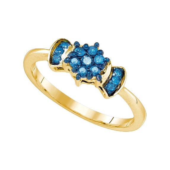 10K Yellow Gold Womens Blue Colored Round Diamond Flower Cluster Ring 1/4 Cttw