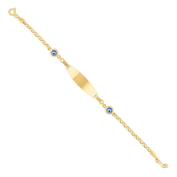 10K Yellow Gold Womens Blue Enamel Evil Eye Good Luck ID Bracelet Size 6 Inches