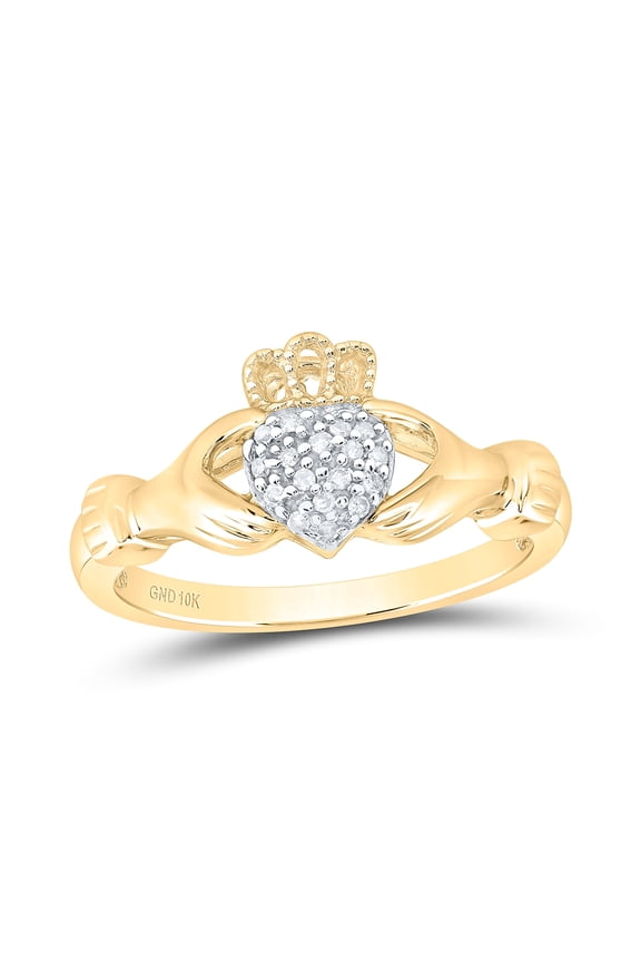 10K Yellow Gold Womens Round Diamond Claddagh Hands & Heart Cluster Ring 1/20 Cttw, Womens Size: 5-10