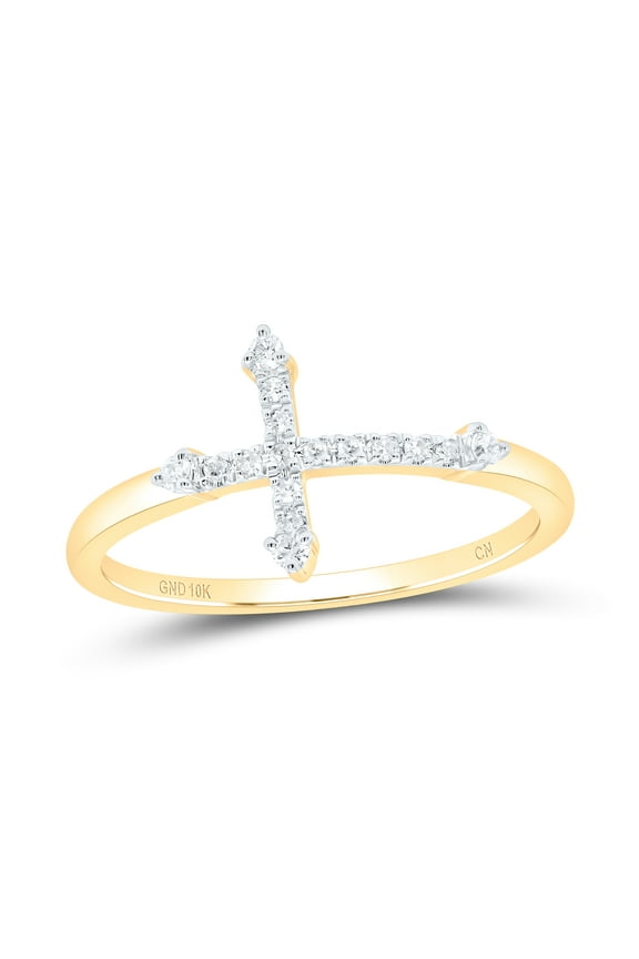 10K Yellow Gold Womens Round Diamond Cross Ring 1/10 Cttw, Womens Size: 5-10