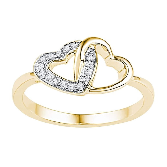 10K Yellow Gold Womens Round Diamond Double Locked Heart Ring 1/12 Cttw, Womens Size: 5-10