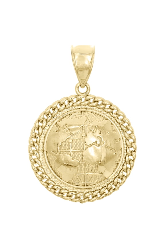 10K Yellow Gold World Map Globe Diamond Cut Pendant 1.70" Miami Cuban Link Charm
