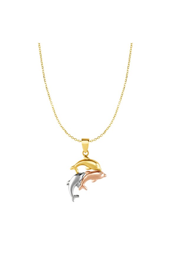 10K Yellow, Rose & White Gold Dolphin Pendant on 0.8mm Classic Diamond Cut Cable Chain by IcedTime