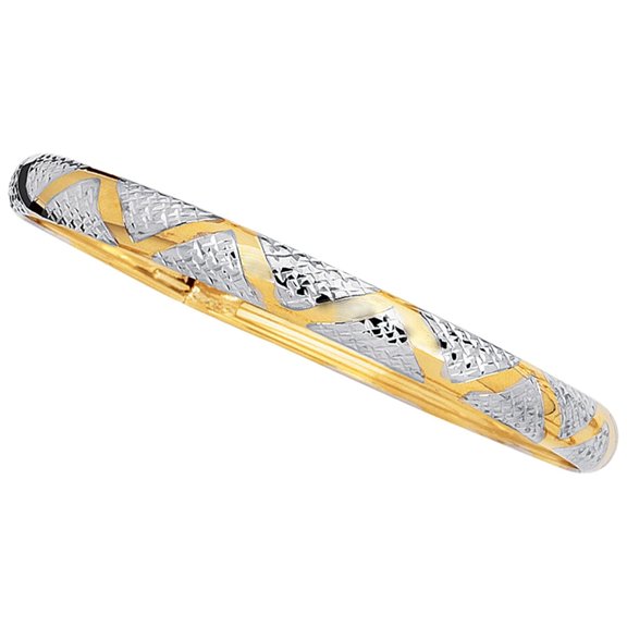 10K Yellow & White Gold 6mm Shiny Diamond Cut Flex Bangle with Yellow Wavey Line 7" by IcedTime