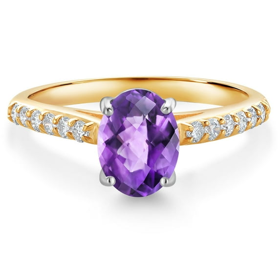 Gem Stone King 10K Yellow and White Gold Purple Amethyst and White Lab Grown Diamond Engagement Ring for Women (1.38 Cttw, Oval Checkerboard 8X6MM, Gemstone February Birthstone, Size 6)
