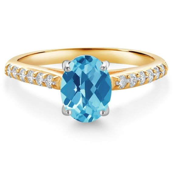 Gem Stone King 10K Yellow and White Gold Swiss Blue Topaz and White Lab Grown Diamond Engagement Ring for Women (1.48 Cttw, Oval Checkerboard 8X6MM, Gemstone November Birthstone, Size 7)