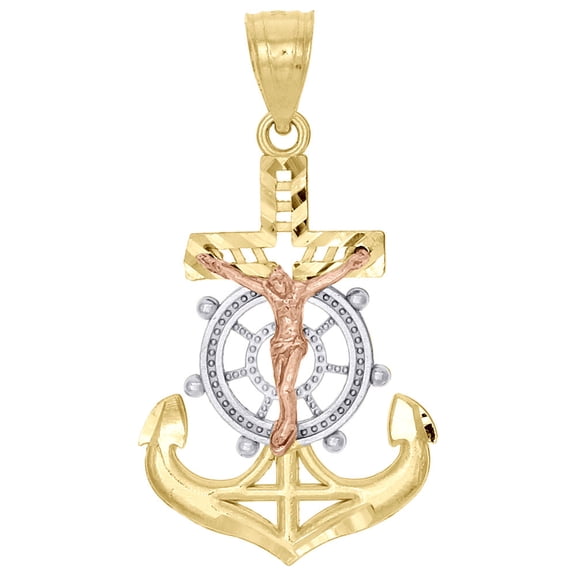 10K Yellow, White & Rose Gold Anchor Jesus Body Crucifix Pendant Charm 1.20"