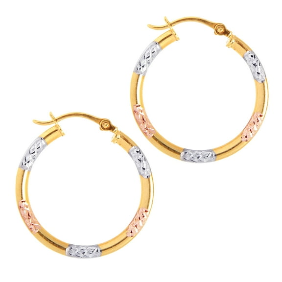 10K Yellow, White & Rose Gold Shiny Diamond Cut Round Hoop Earrings with Hinged by IcedTime