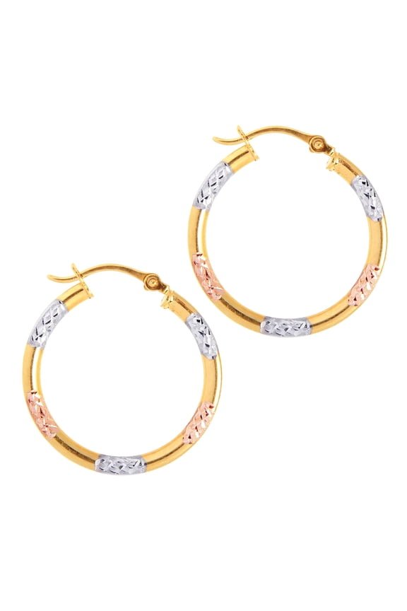 10K Yellow, White & Rose Gold Shiny Diamond Cut Round Hoop Earrings with Hinged by IcedTime