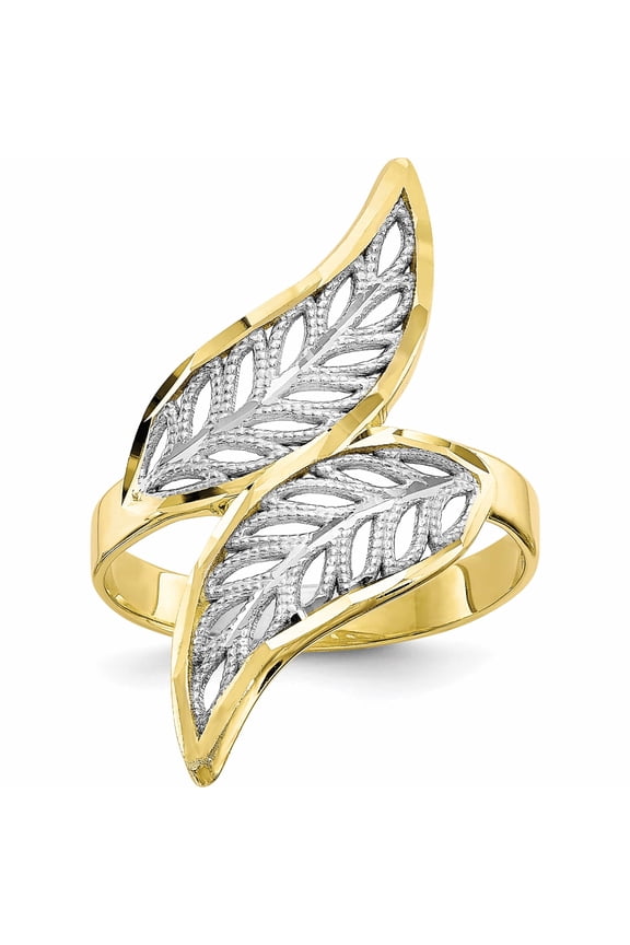 10K and White Rhodium Diamond-Cut Filigree Leaves Bypass Ring