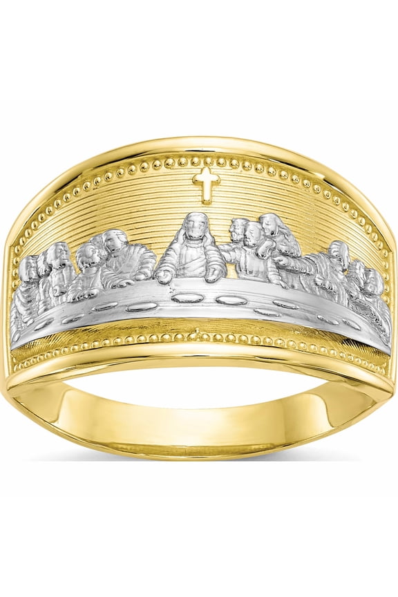 10K Yellow With Rhodium & Ladies Last Supper Ring (Size 6) Made In United States 10c1292