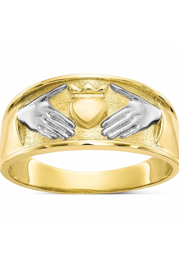 10K Yellow With Rhodium & Men's Claddagh Ring (Size 10) Made In United States 10c1269