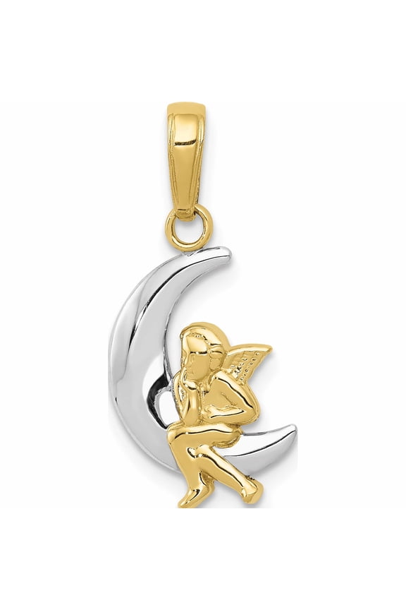 10K Yellow With Rhodium & Polished Moon Angel Pendant (17 X 11) Made In Peru -Jewelry By Sweet Pea