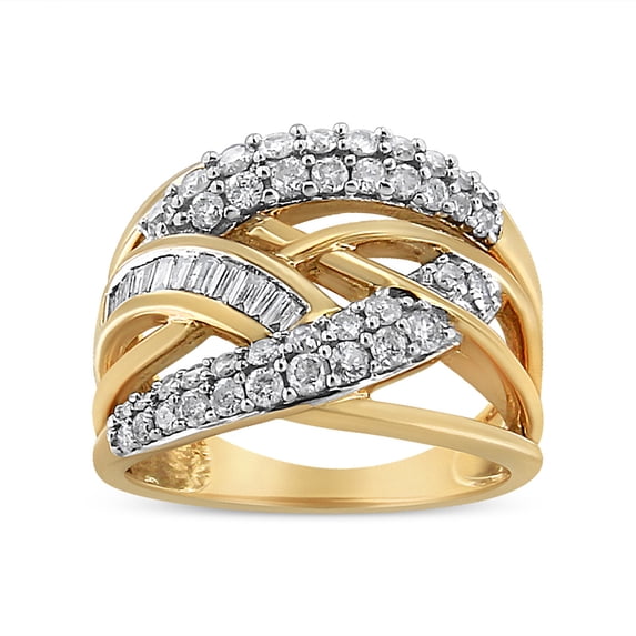 10K Yellow and White Gold 1.0 Cttw Round and Baguette-Cut Diamond Multirow Interwoven Cocktail Ring (I-J Color, I2-I3 Quality) - Size 6