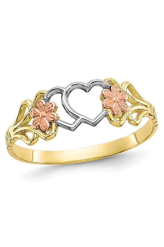 Gem & Harmony 10K Yellow and White, Gold Heart Flower Promise Ring for Women