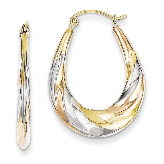 10K and Rhodium Oval Scalloped Hollow Hoop Earrings 10k Yellow Gold Earrings