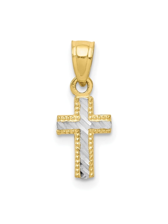 10K and White Rhodium Tiny Diamond-Cut Cross Pendant 10C1092