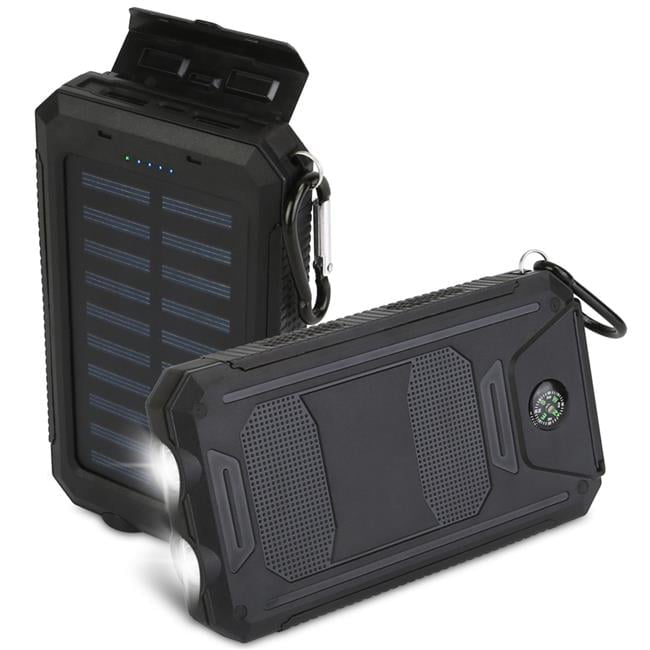 10K mAh Solar Power Bank - Dual USB Ports, Battery Indicators, SOS LED Lights, Compass - Camping  Hiking - Black