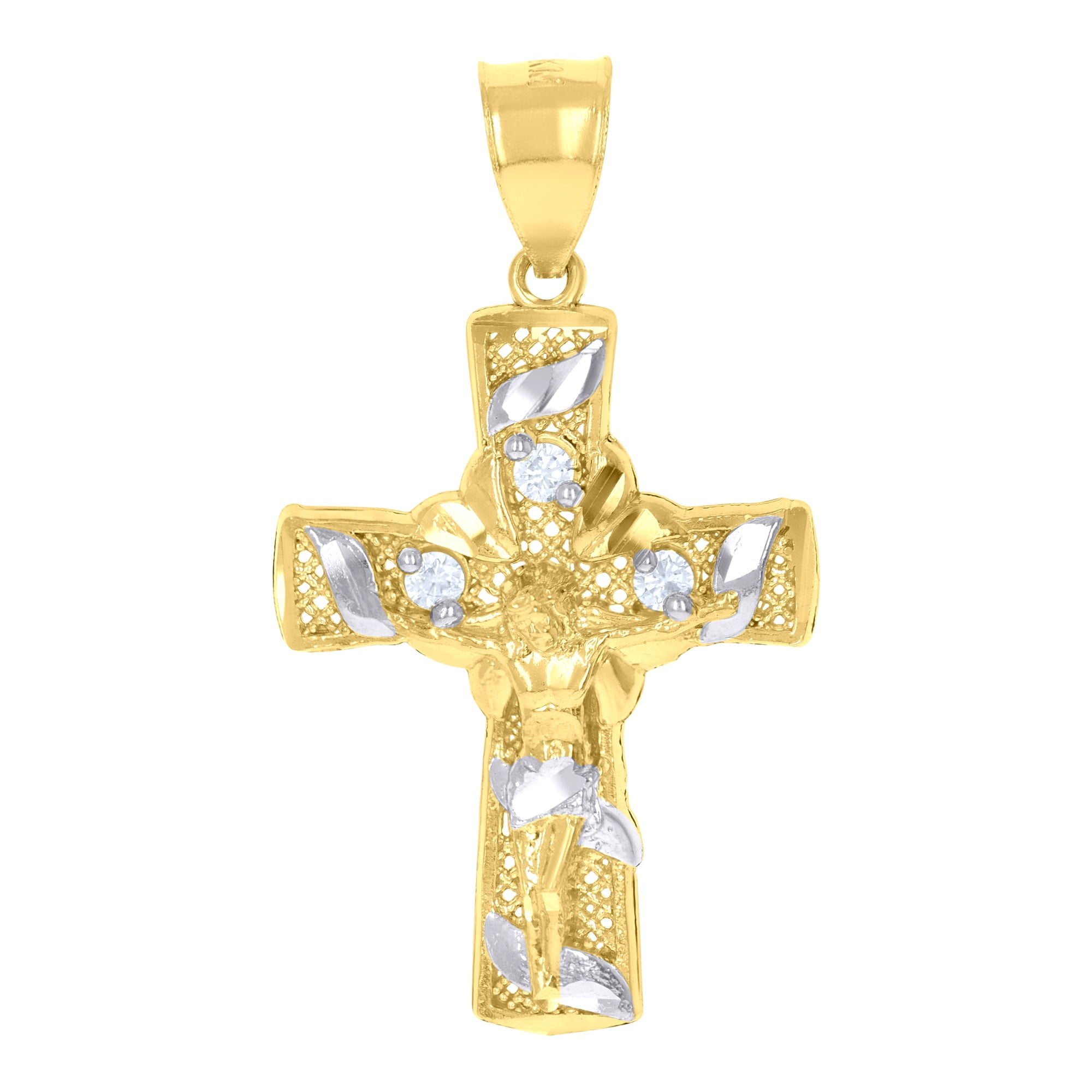 10kt Two-tone Gold Unisex Cubic-zirconia Crucifix Cross Religious Charm Pendant Pendant Necklace for Men Women