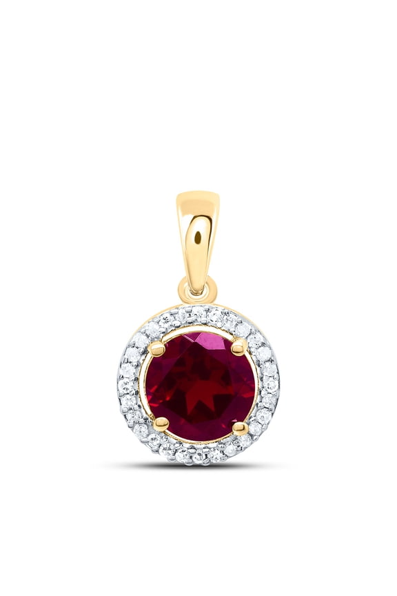 10Kt Yellow Gold 1/12 Ctw Natural Diamond 6MM Round Ruby Synthetic Pendant