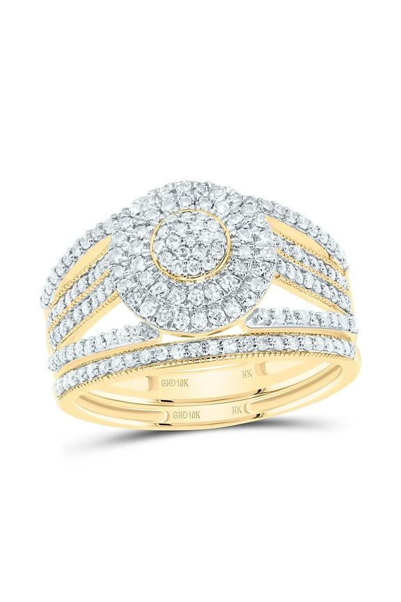 10Kt Yellow Gold 5/8Ctw Natural Diamond Nk Round Double Halo Bridal Set, Size 5
