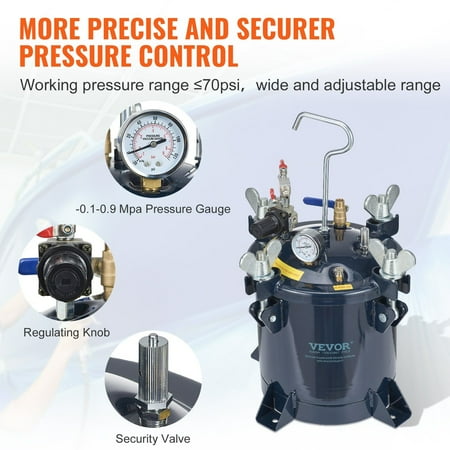 10L/2.5gal Air Paint Pressure Pot, 70PSI Max, Metal Rack Included, for Automotive & Architectural Painting