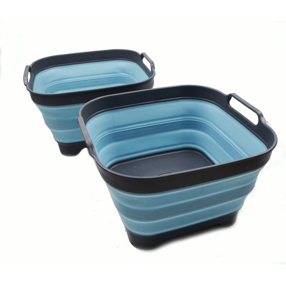 10L (2.64 Gallon) Collapsible Dishpan with Draining Plug - Foldable Washing Basin - Portable Dish Washing Tub - Space Saving Kitchen Storage Tray (2, Grey/Sea Angel)