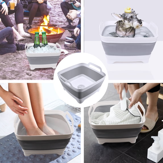 10L Dish Rack, ODOLAND Collapsible Wash Basin Folding Wash Tub Portable Dishpan Draining Basket Dish Rack Vegetable Sink Colander w/ Sink Strainer for Outdoor Camping Travel, 12x12.4x7.8 IN