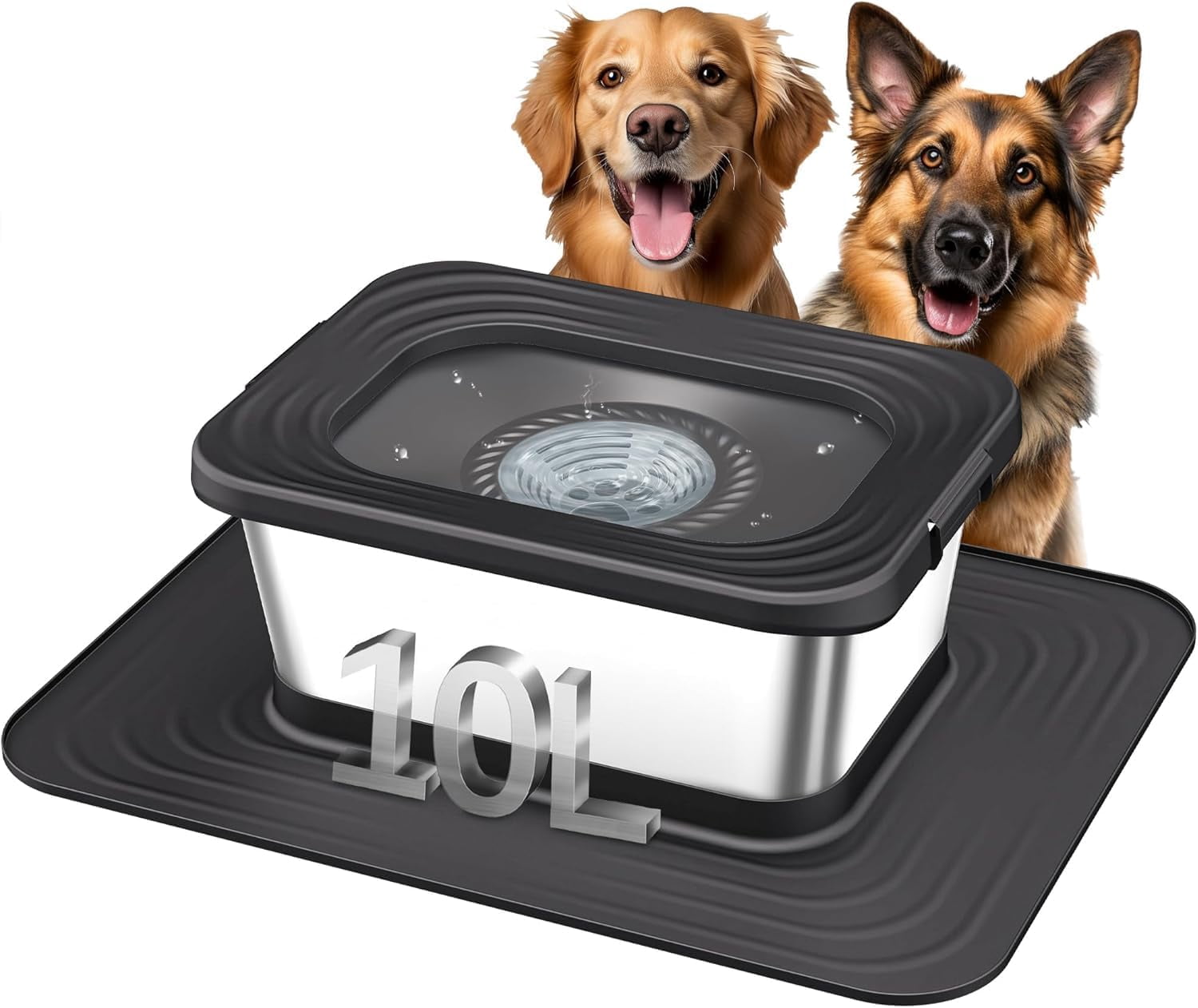 10L Stainless Steel Dog Water Bowl, No Spill Anti-Splash Dog Bowls with XXL Silicone Mat, Spill-Proof Slow Feeder for Messy Drinkers, Heavy Duty Pet Bowls for Indoor/Outdoor Use Black