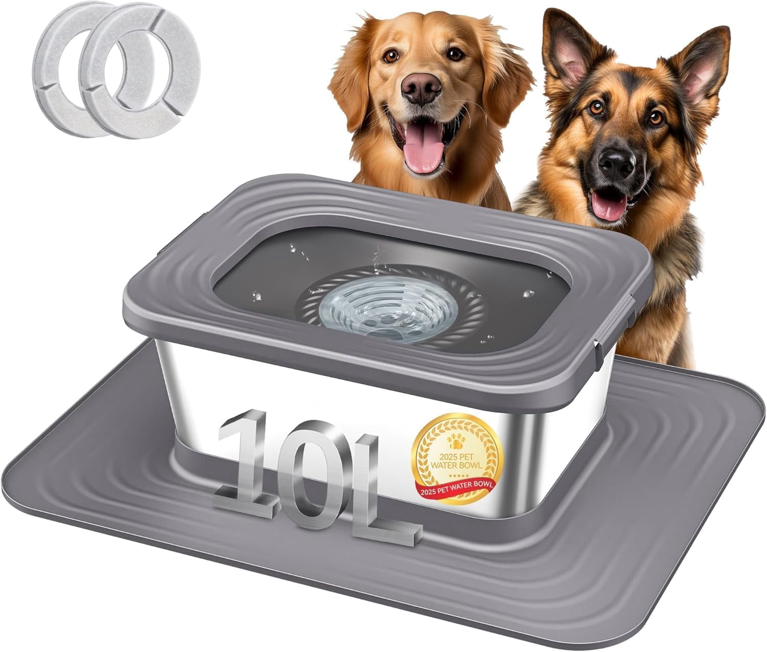 10L Stainless Steel Dog Water Bowl, No Spill Anti-Splash Dog Bowls with XXL Silicone Mat, Spill-Proof Slow Feeder for Messy Drinkers, Heavy Duty Pet Bowls for Indoor/Outdoor Use Grey