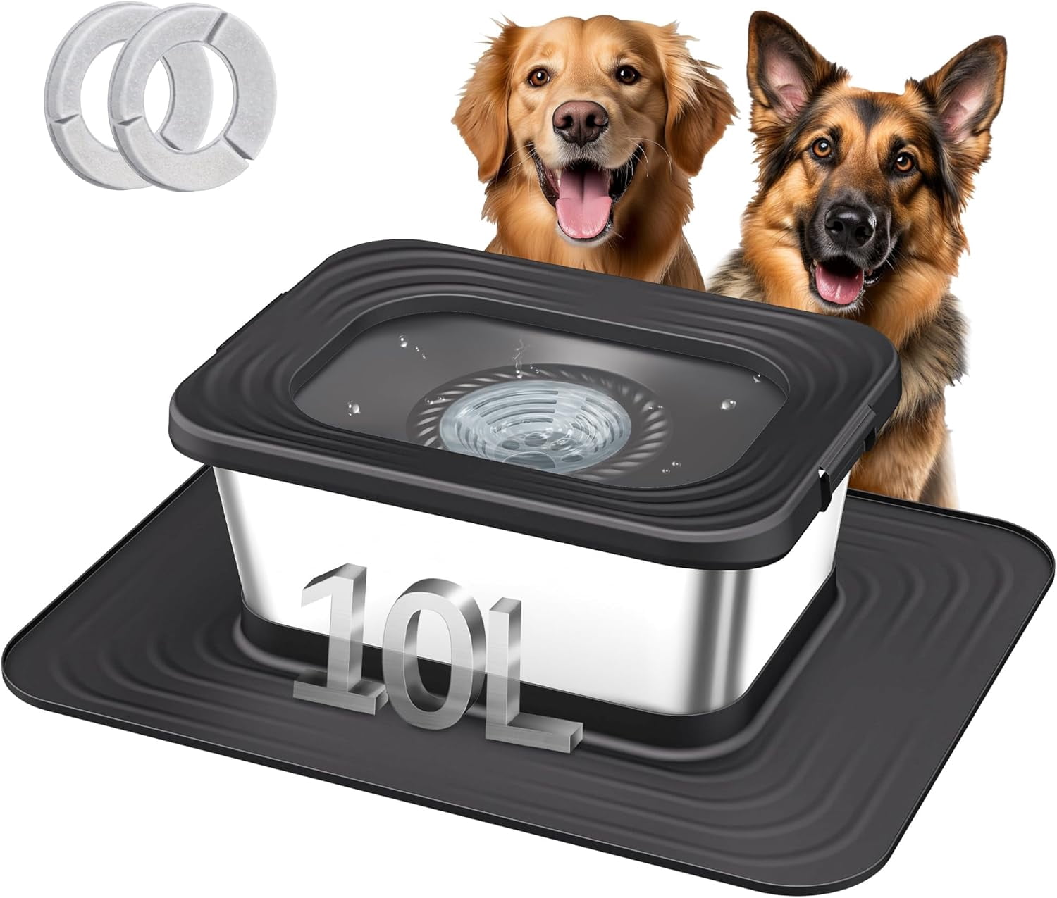 10L Stainless Steel Dog Water Bowl, No Spill Anti-Splash Dog Bowls with XXL Silicone Mat, Spill-Proof Slow Feeder for Messy Drinkers, Heavy Duty Pet Bowls for Indoor/Outdoor Use Black