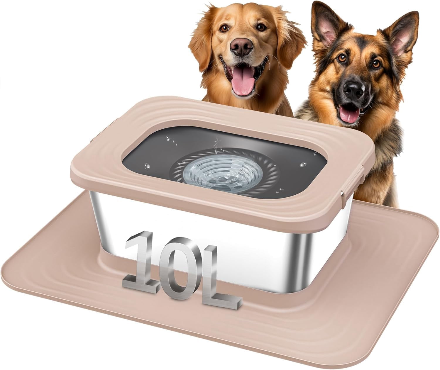 10L Stainless Steel Dog Water Bowl, No Spill Anti-Splash Dog Bowls with XXL Silicone Mat, Spill-Proof Slow Feeder for Messy Drinkers, Heavy Duty Pet Bowls Indoor/Outdoor Use