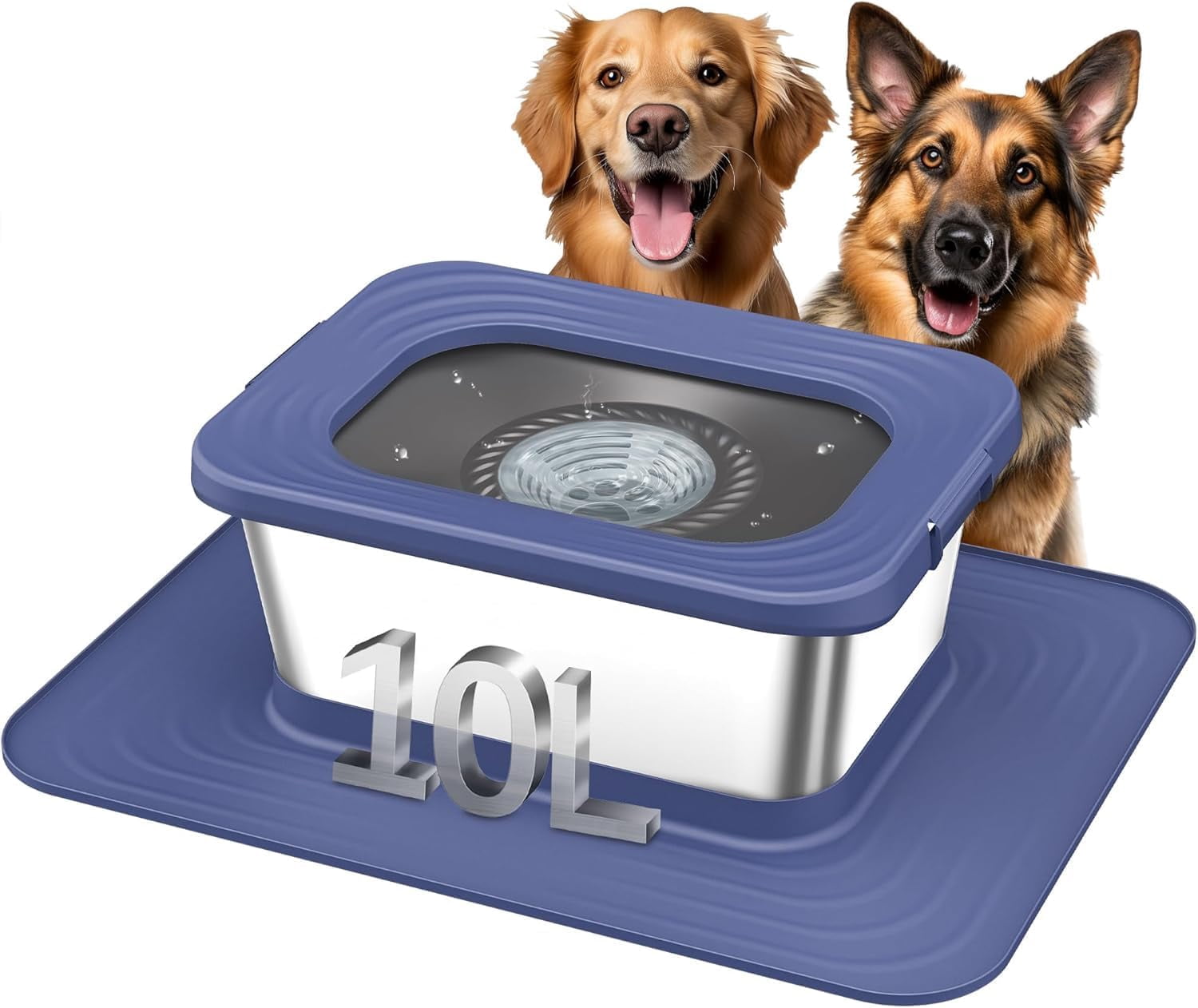 10L Stainless Steel Dog Water Bowl, No Spill Anti-Splash Dog Bowls with XXL Silicone Mat, Spill-Proof Slow Feeder for Messy Drinkers, Heavy Duty Pet Bowls for Indoor/Outdoor Use Blue
