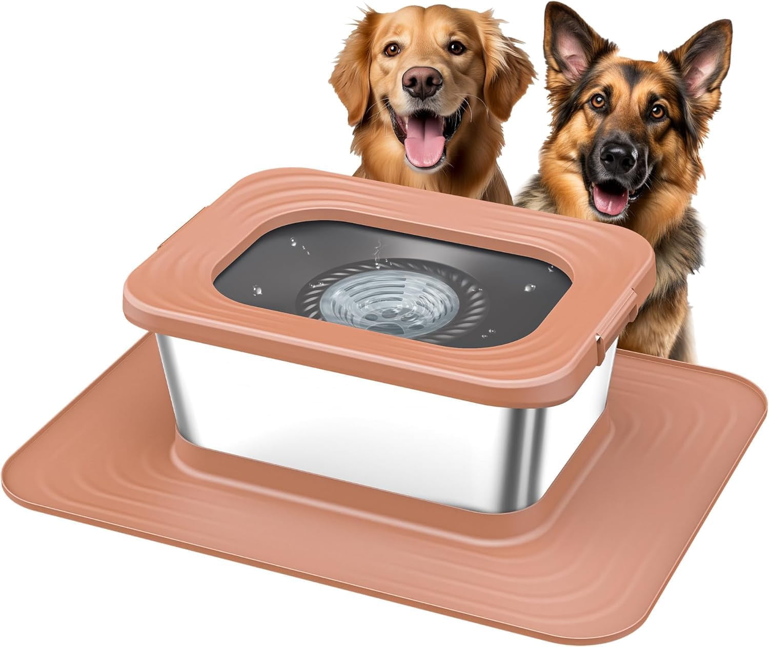10L Stainless Steel Dog Water Bowl, No Spill Anti-Splash Dog Bowls with XXL Silicone Mat, Spill-Proof Slow Feeder for Messy Drinkers, Heavy Duty Pet Bowls for Indoor/Outdoor Use Pink