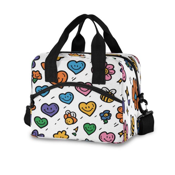 10L Tote Insulated Reusable Lunch Bag With Adjustable Strap Hearts Flowers Icons