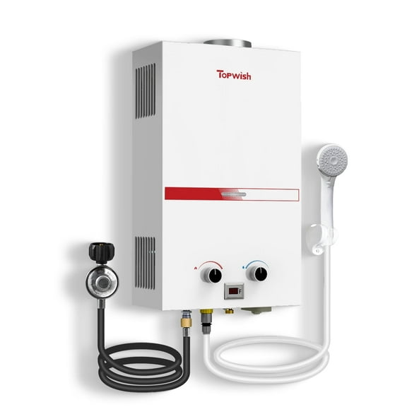 TOPWISH 10L Tankless Propane Water Heater, 2.6 GPM Portable Camping Hot Water Heater, 68,100 BTU, Digital Display, 6-in-1 Safety Protection, Battery-Powered for Outdoor RV Shower & Cabin