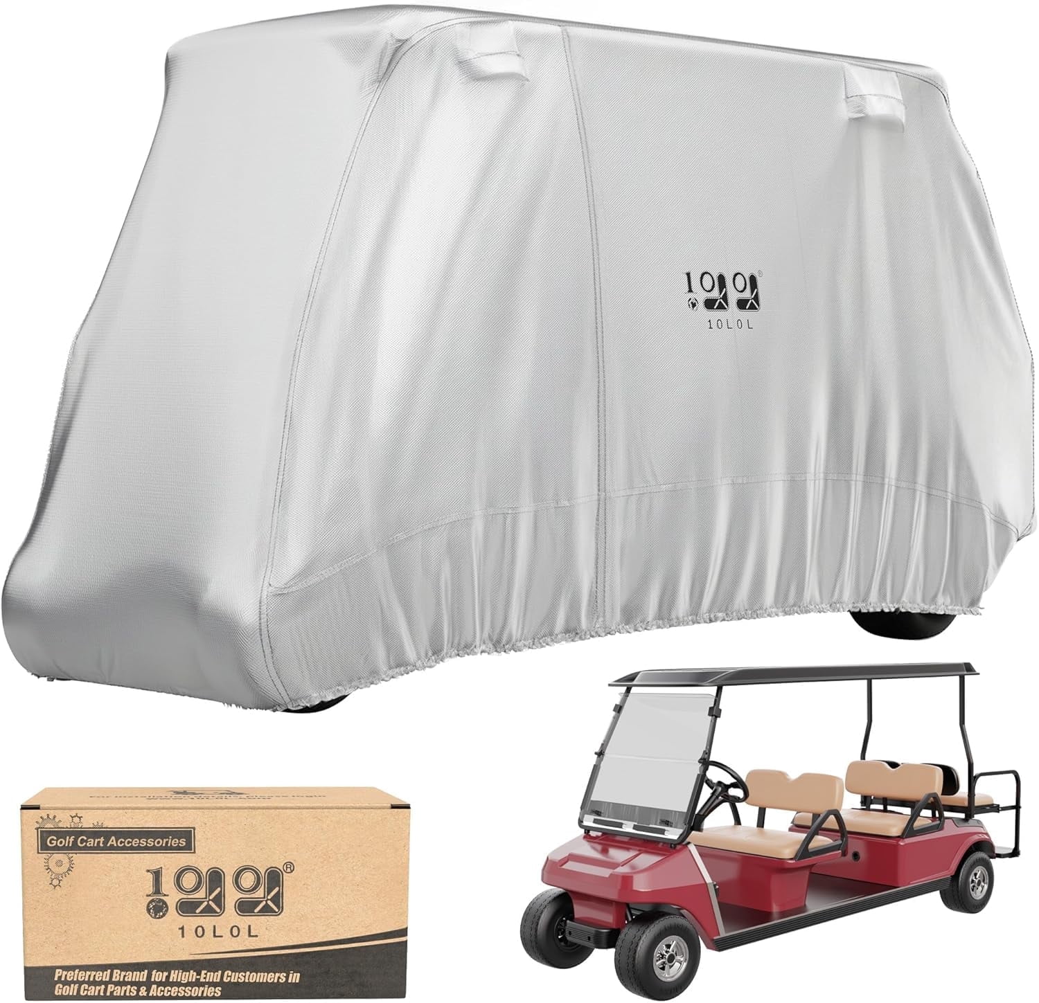 10L0L Golf Cart Cover 6 Passenger for Yamaha Club Car EZGO 4+2 Person,420D Waterproof Rain Cover, Golf Cart Accessories, Silver