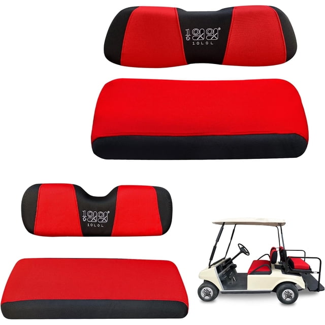 10L0L Golf Cart Front + Rear Seat Cover Set for EZGO TXT RXV & Club Car DS 4 Passenger Models,Breathable Washable Polyester Mesh Cloth Seat Cover-Red Black (S+XS)