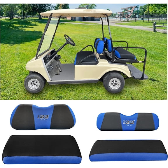10L0L Golf Cart Front Rear Seat Cover Set for EZGO TXT RXV & Club Car DS 2000-up Blue Black