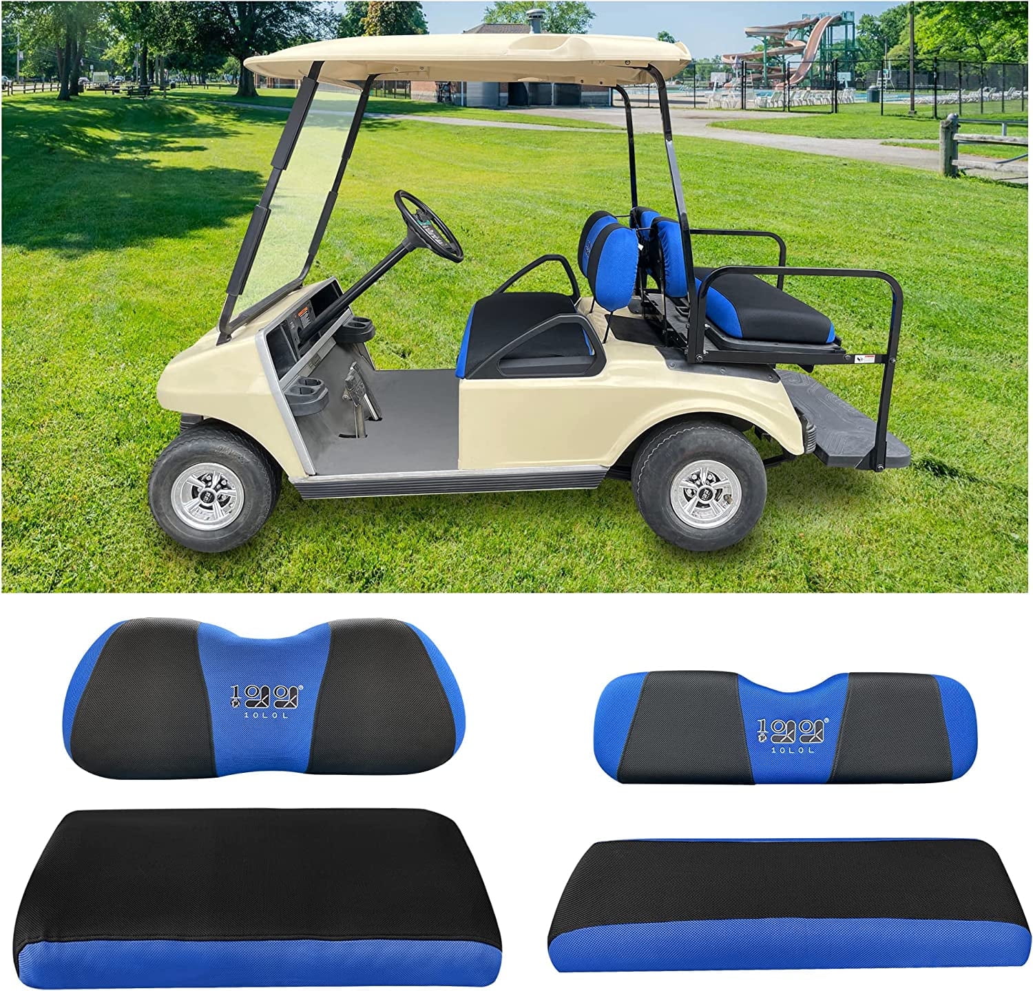 10L0L Golf Cart Front Rear Seat Cover Set for EZGO TXT RXV & Club Car DS 2000-up Blue Black