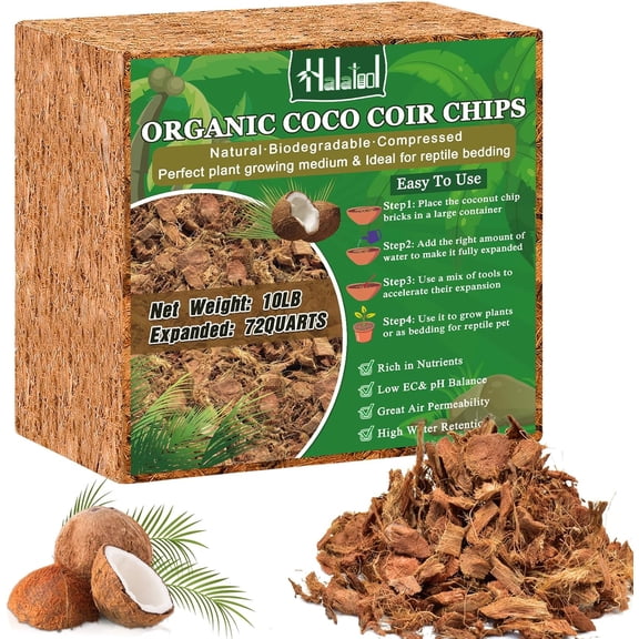10LB Compressed Coconut Coir Chips, 100% Natural Organic Coco Husk Chips Coco Chips Substrate for Plants Flowers, Garden