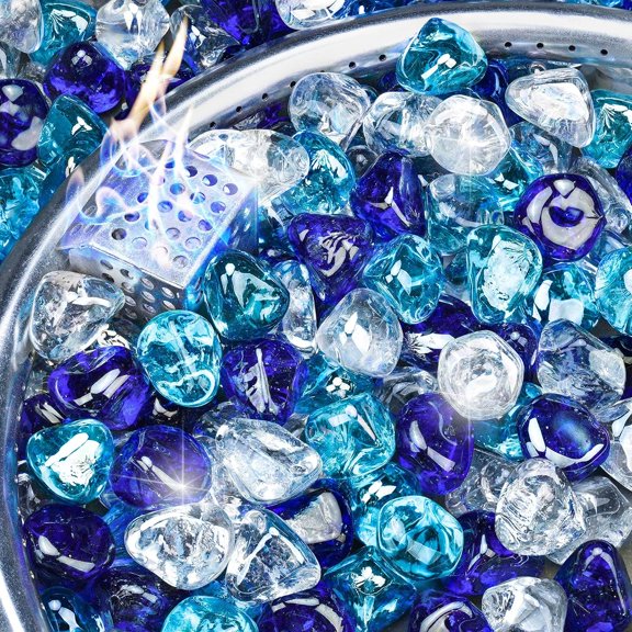 10LB Diamond Fire Glass, 1 Inch Fire Pit Rocks for Propane or Gas | Reflective Fire Pit Glass Rocks, Tempered Fire Rocks for Fireplace, Mix Color Glass Stones for Vase Filler, Landscaping