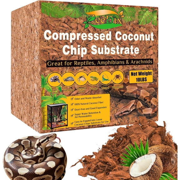 10LBS Coconut Husk Chip Substrate for Reptiles, 72QT Compressed Organic Coco Coir Chips for Snake Habitat, Reptile Bedding for Ball Python, Tortoises, Geckos, Lizards Terrarium Tanks