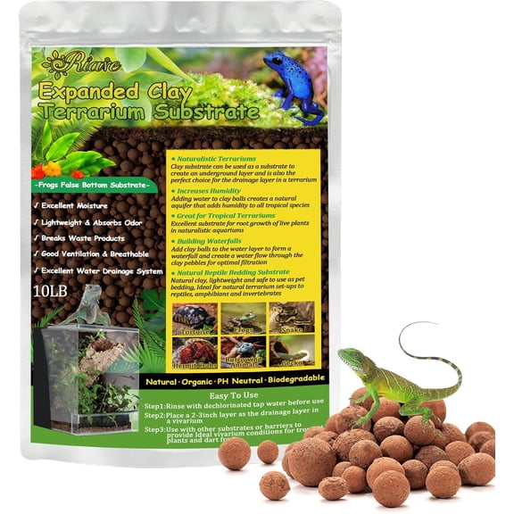 10LBS Expanded Clay Balls Terrarium Substrate for Reptiles - 100% Organic Lightweight Clay Pebbles Substrate Frogs False Bottom Substrate, Bioactive Terrarium Substrate for Drainage and Moisture